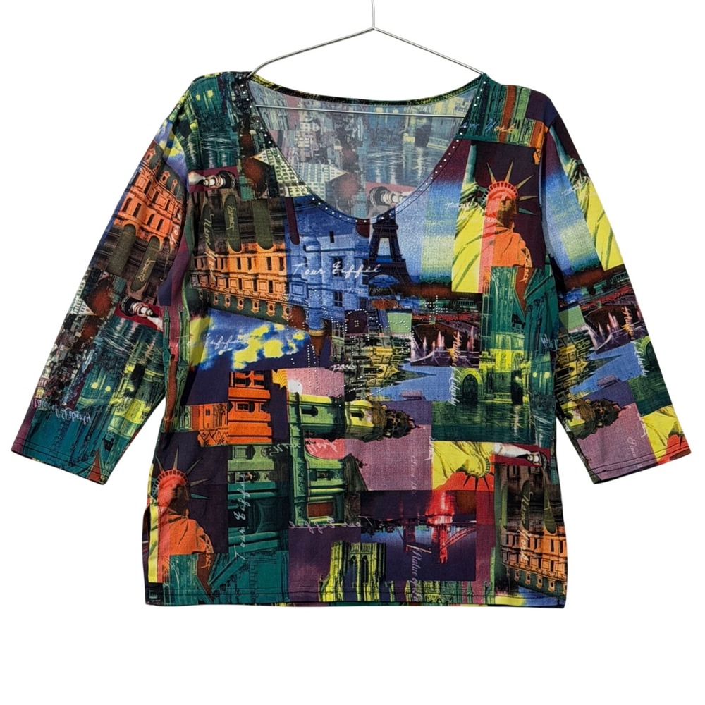 Y2K New York Travel Graphic all over print top Large scoop Neck Rhinestone